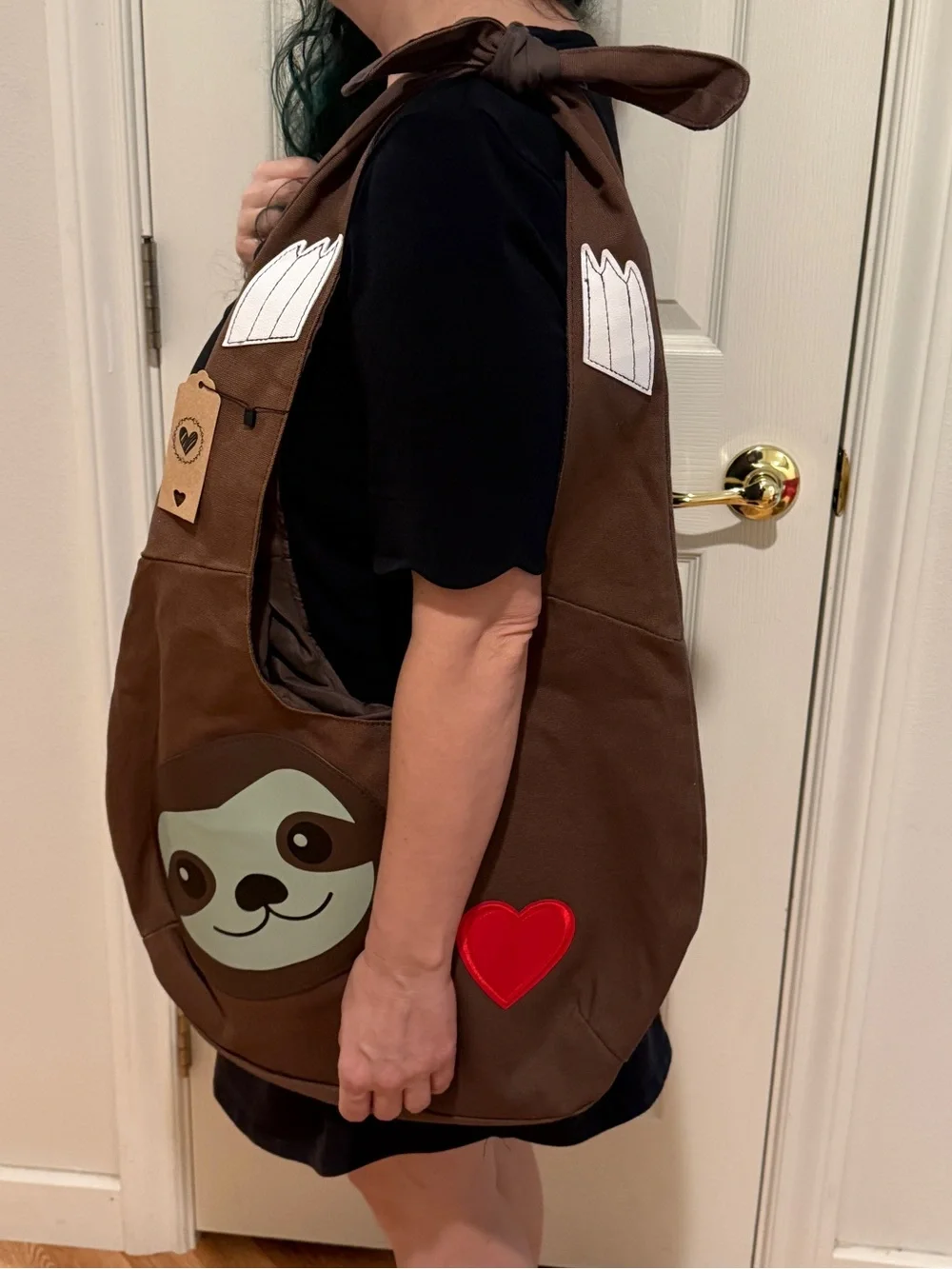 New NWT Brown Sloth Tote Bag with Red Heart